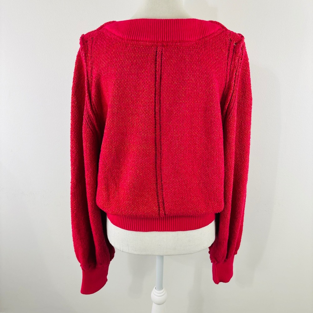 Free People Red V-Neck Balloon Sleeve Pointelle Pullover Sweater Large - Picture 4 of 9